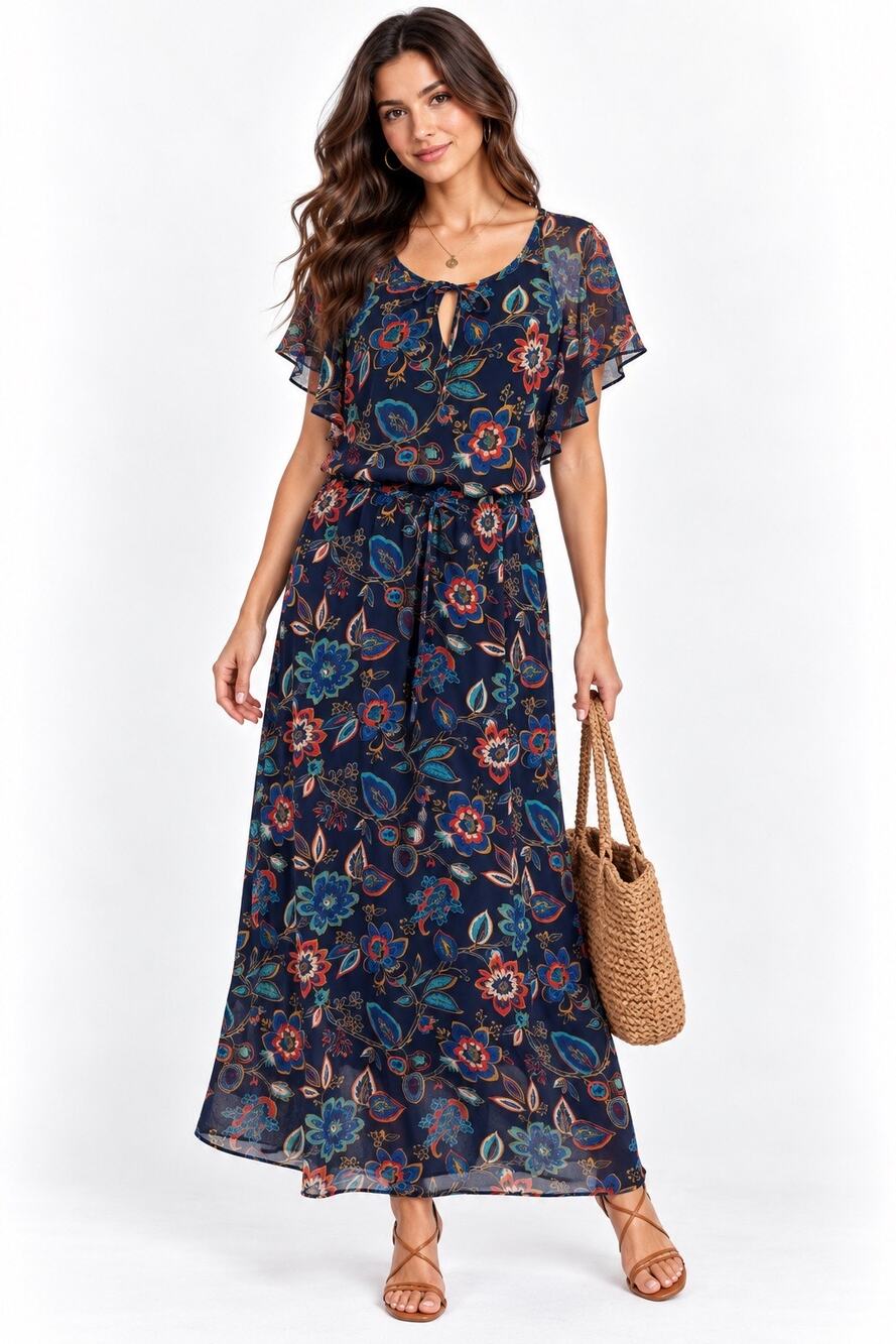 A New Day Navy Blue Floral Print Flutter Sleeve Adjustable Tie Waist Maxi Dress